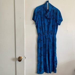 Vintage 80s Print 80s S/S Pussybow Secretary Dress